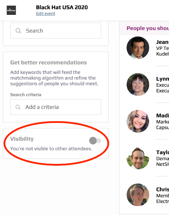 Screenshot showing 'visibility to others' toggle in SwapCard.